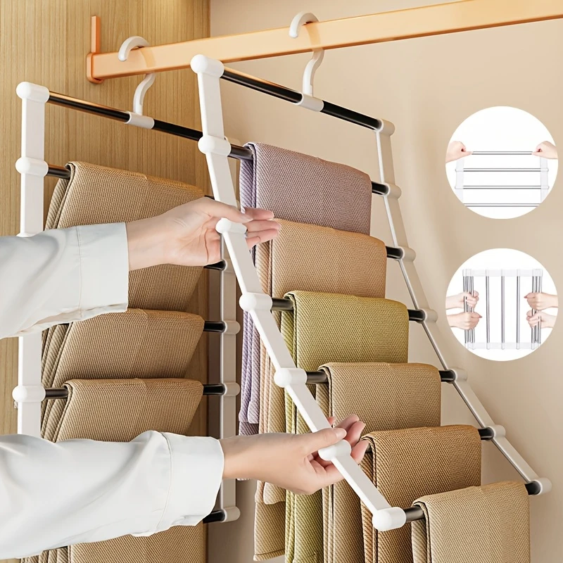 Pants Hangers Space Saving 5/7 Layers Sturdy Stainless Steel Pant Rack Anti-Slip Swing Arm