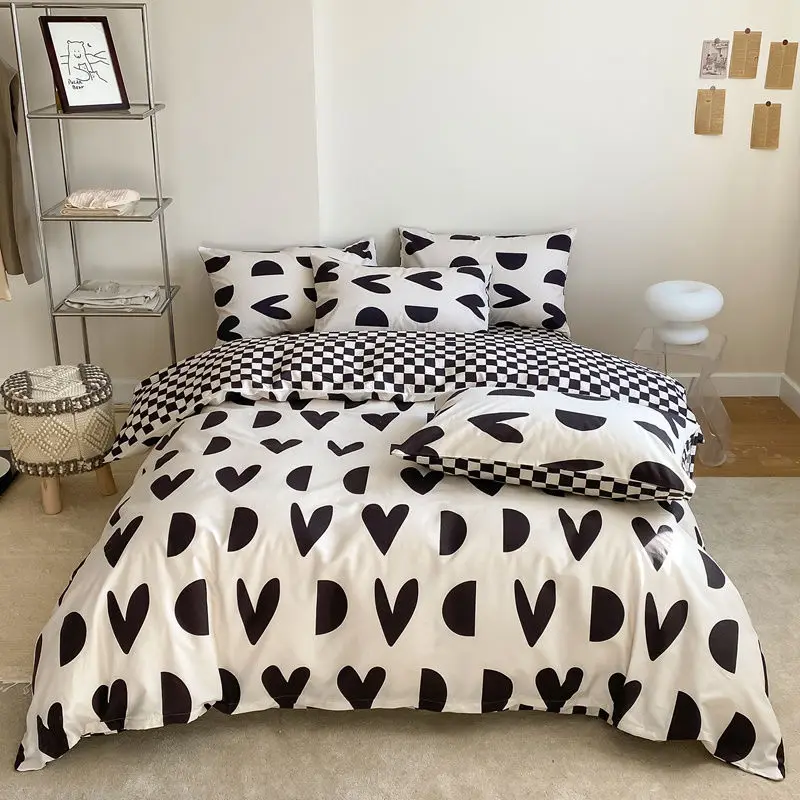 

Black White Bedding Set with Duvet Cover Pillowcase Soft Flat Sheet Fashion Boys Girls Single Double Queen Size Spring Bed Linen