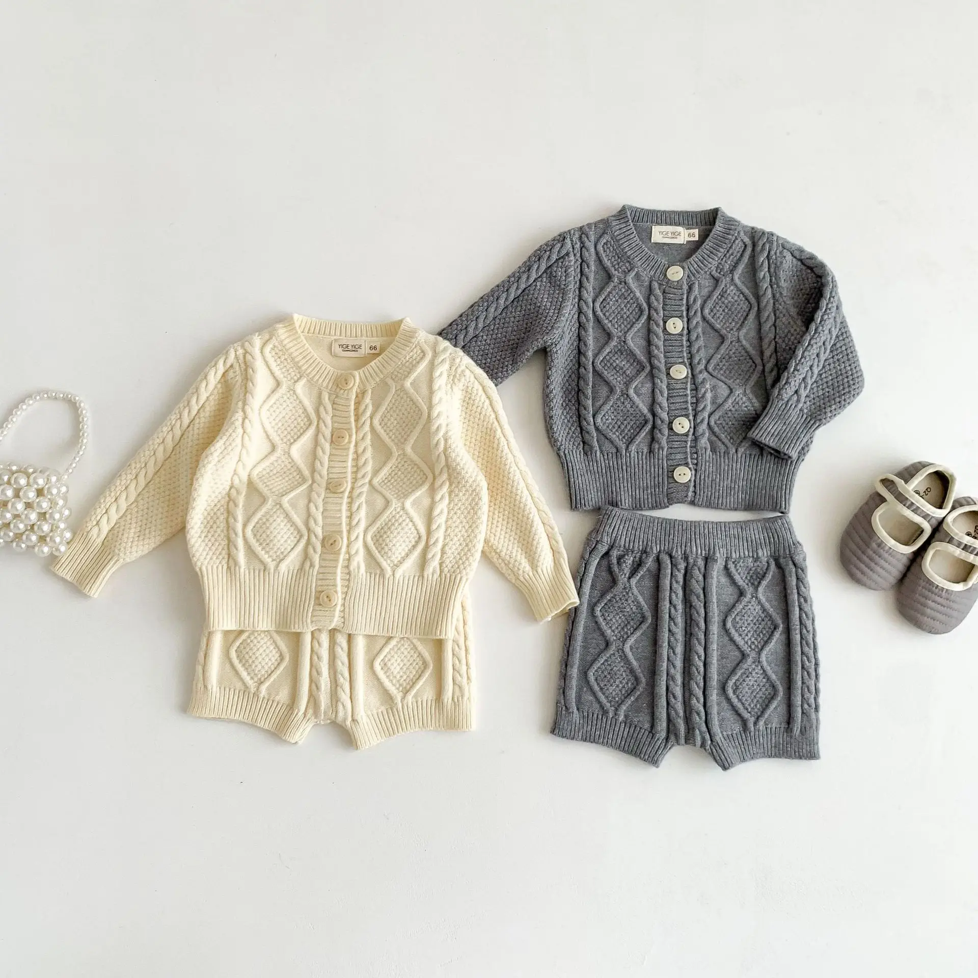 

Autumn Winter Baby Girls Boys Knitted Sets Long Sleeve Toddler Twist Sweater Cardigan +Shorts 2Pcs Infant Kids Clothing Suit