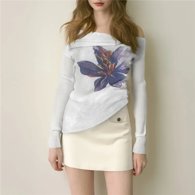 Talenza One Shoulder Printed Top Women's Summer Knit Backless Pleated Casual Pullover White Slim Office Lady Sexy Female T-Shirt 3