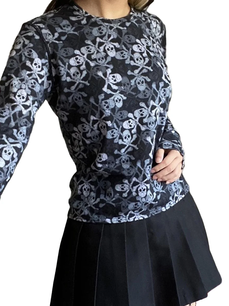 Women s Vintage Gothic Skull Print Long Sleeve Round Neck  Fit T-Shirts Streetwear Blouses with a Dark Twist