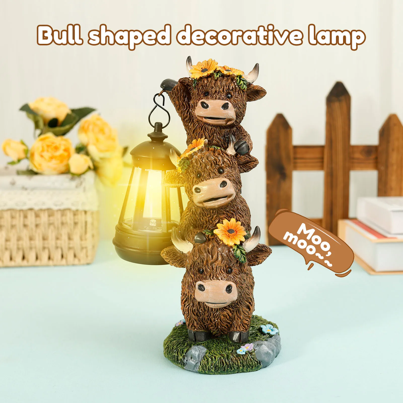Solar LED Resin Cow Garden Statue Outdoor Lamp