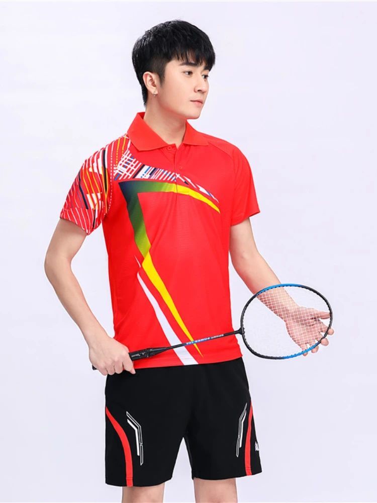 Summer Tennis T-shirt Badminton Clothing Short Sleeve Breathable Slim Tops Women Men Turn-down Collar Table Tennis Workout Shirt