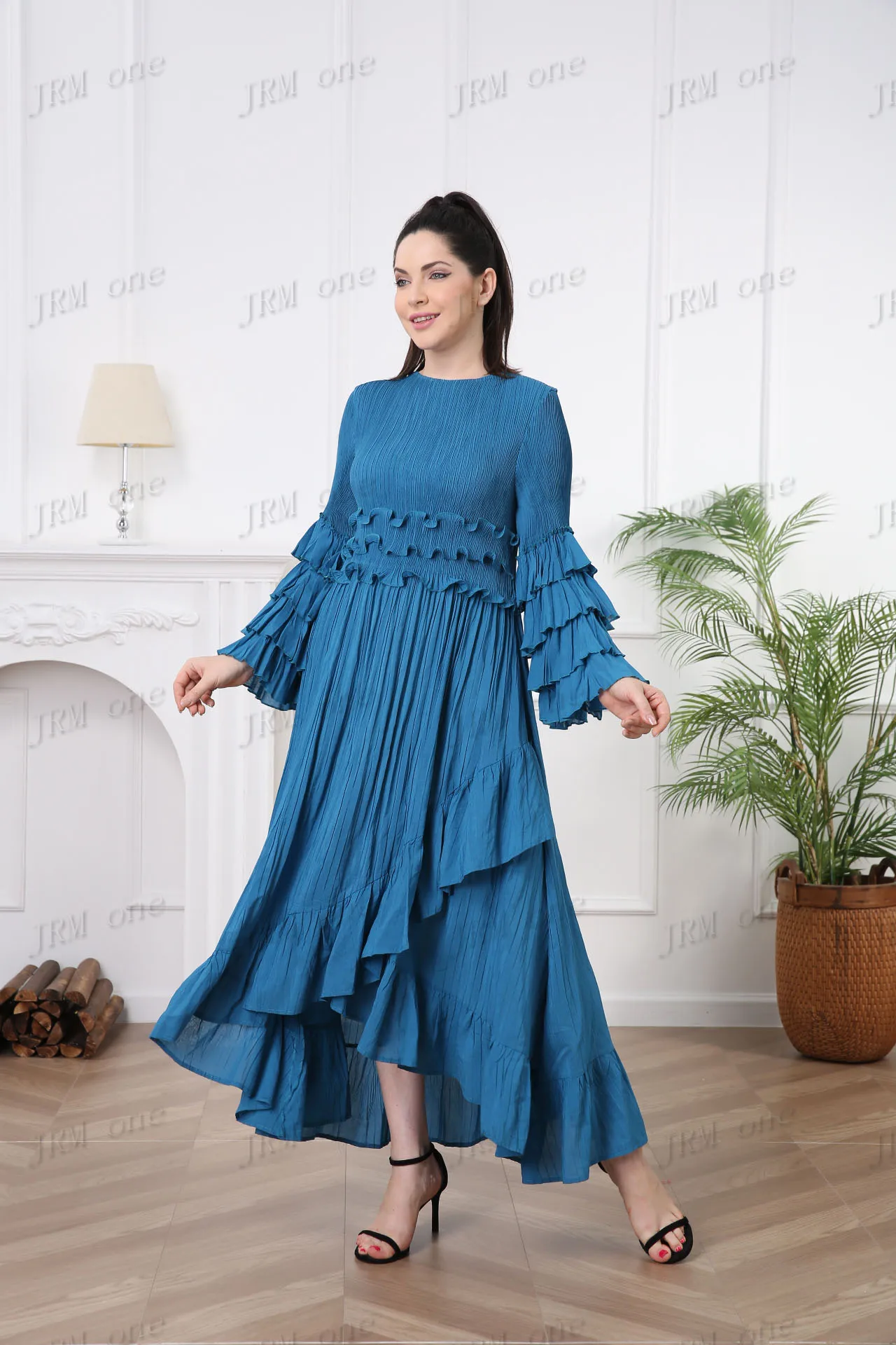 Women's Long Sleeve Ruffle Dress Boho Pleated Casual Elegant