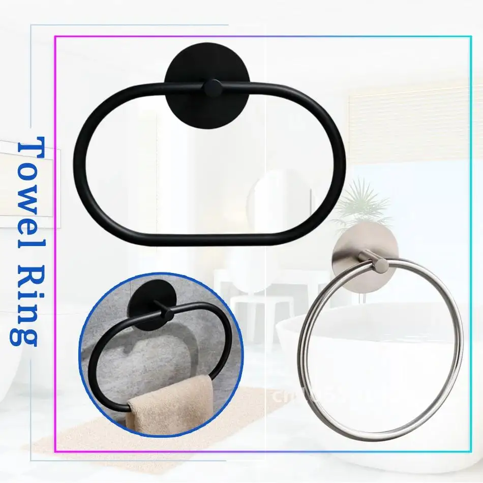 Adhesive Towel Ring 304 Stainless Steel Oval Wall Mounted Matte Shelf Towel Holder 3M Black Kitchen Bathroom Sticker Sliver Ring