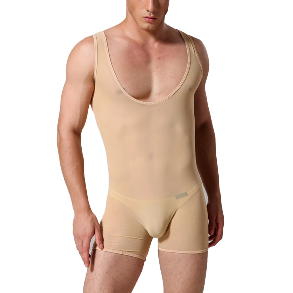 Men's Soft Bodysuit Shiny Silk Underwear Round Neck Sleeveless Sports Running Yoga Swimsuit Ultra-thin Mesh Gay Erotic Lingerie