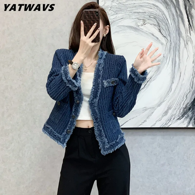 

Женская джинсовая однобортная куртка, винтажная свободная короткая куртка с V-образным вырезом и кисточками, одежда для осени, 2022