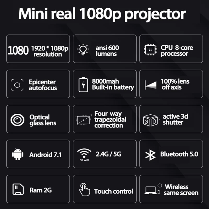 스마트 DLP 미니 프로젝터, 1080P 2.4G / 5G 무선 프로젝터, 풀 HD 안드로이드 (2G + 32G/16G) 비디오 지원 4K 3D 게임 비머
