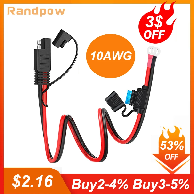 Randpow 10AWG SAE 2 Pin Quick Release Connector with 15A Fuse to O-ring Terminal Harness for Car Battery Charger Cable