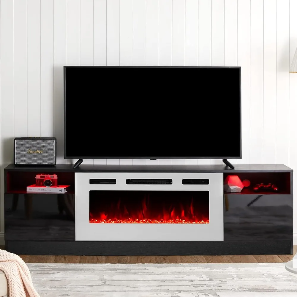 Fireplace TV Stand with 36" Electric Fireplace, LED Light Entertainment Center, Modern Wood Texture Entertainment Stand 2