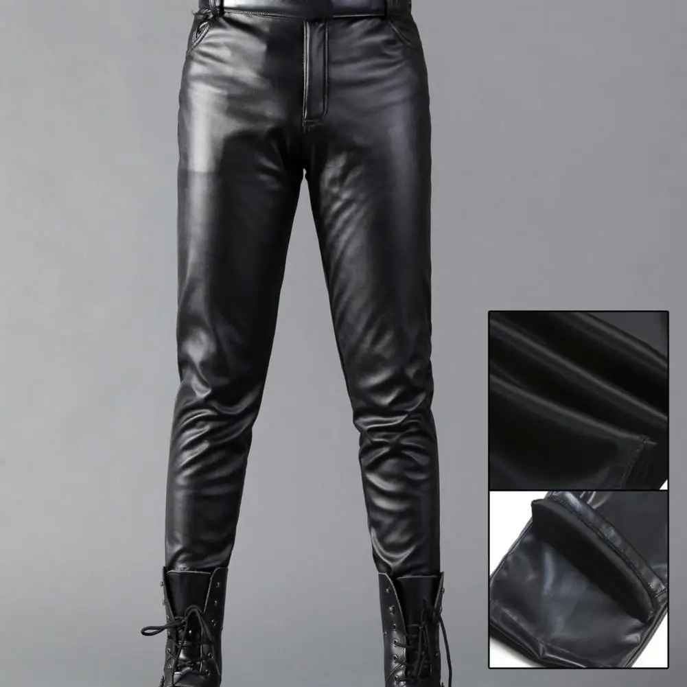 

Men Streetwear Trousers Stylish Men's Faux Leather Pants Slim Fit Mid Waist Breathable with Pockets for Streetwear Clubbing
