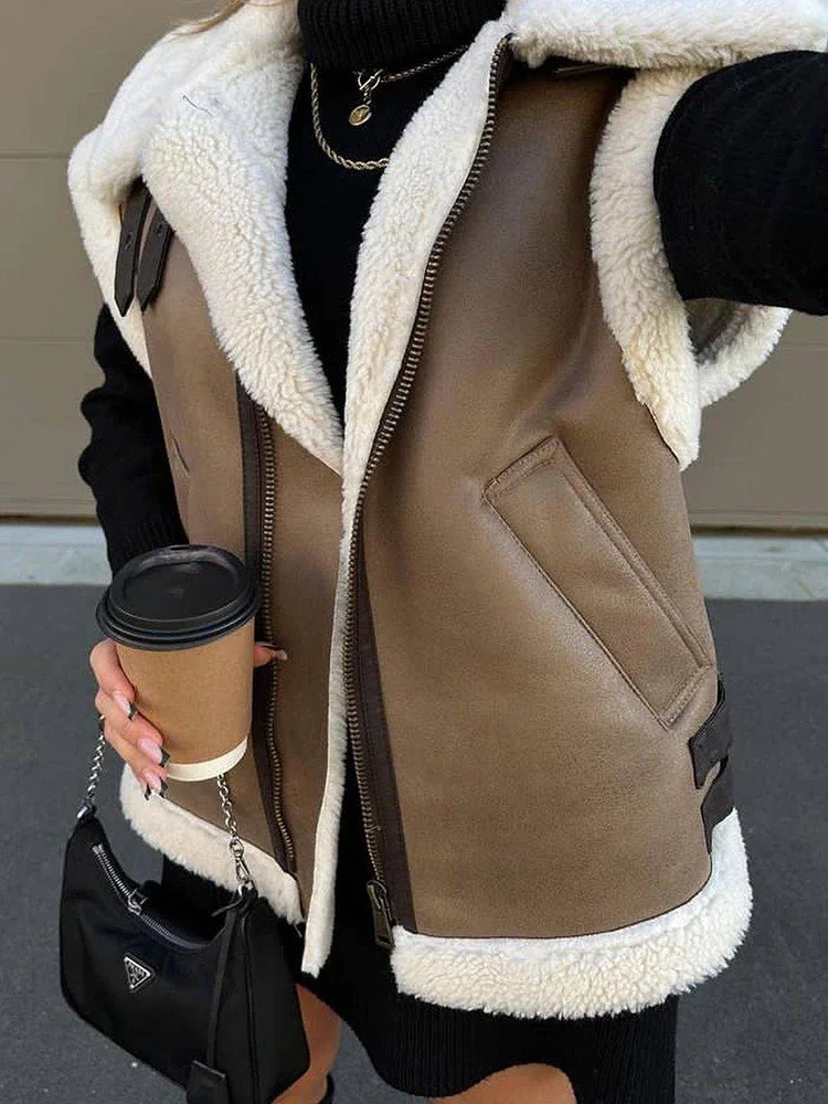 Traf New Autumn Winter Women Fur Vest High Street Female Faux Sheepskin Fur Waistcoat Chic Fleece Thick Warm Sleeveless Outwear
