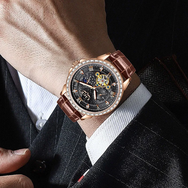 LIGE Automatic Watch For Men Fashion Brown Leather 24 hour Moon Phase Men's Mechanical Wristwatch Luminous Waterproof Watch Men