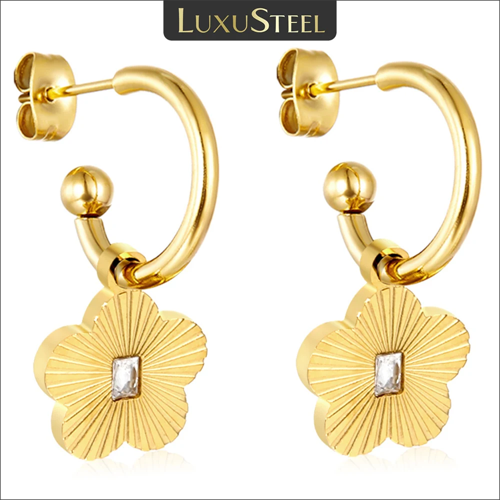 LUXUSTEEL 316L 스테인리스 스틸 화이트 지르콘 크리스탈 드롭 후프 귀걸이, 여성용 금도금 꽃 펜던트, C 모양 귀 쥬얼리