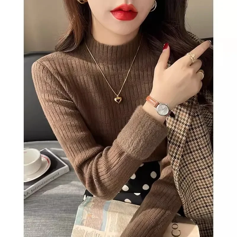 Solid Color Autumn and Winter Semi-turtleneck Women's Long Sleeve Sweater Fashion Pullover Knitwear Integrated Fleece Base Layer