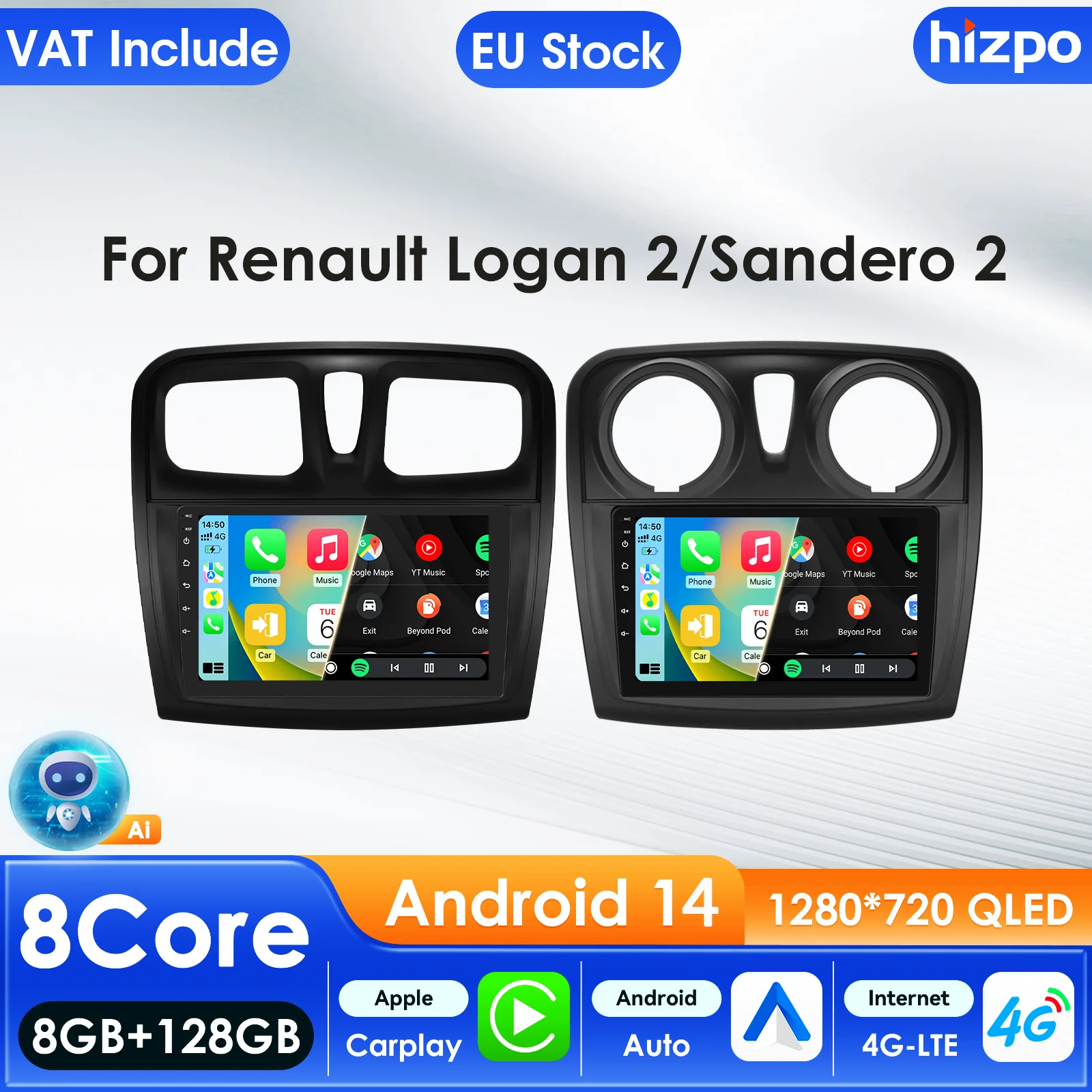 Hizpo 2Din Android 14 Auto Multimedia-Player Für Renault Logan 2 Sandero 2 GPS Carplay 4G AI Intelligente bildschirm Autoradio 360Cam