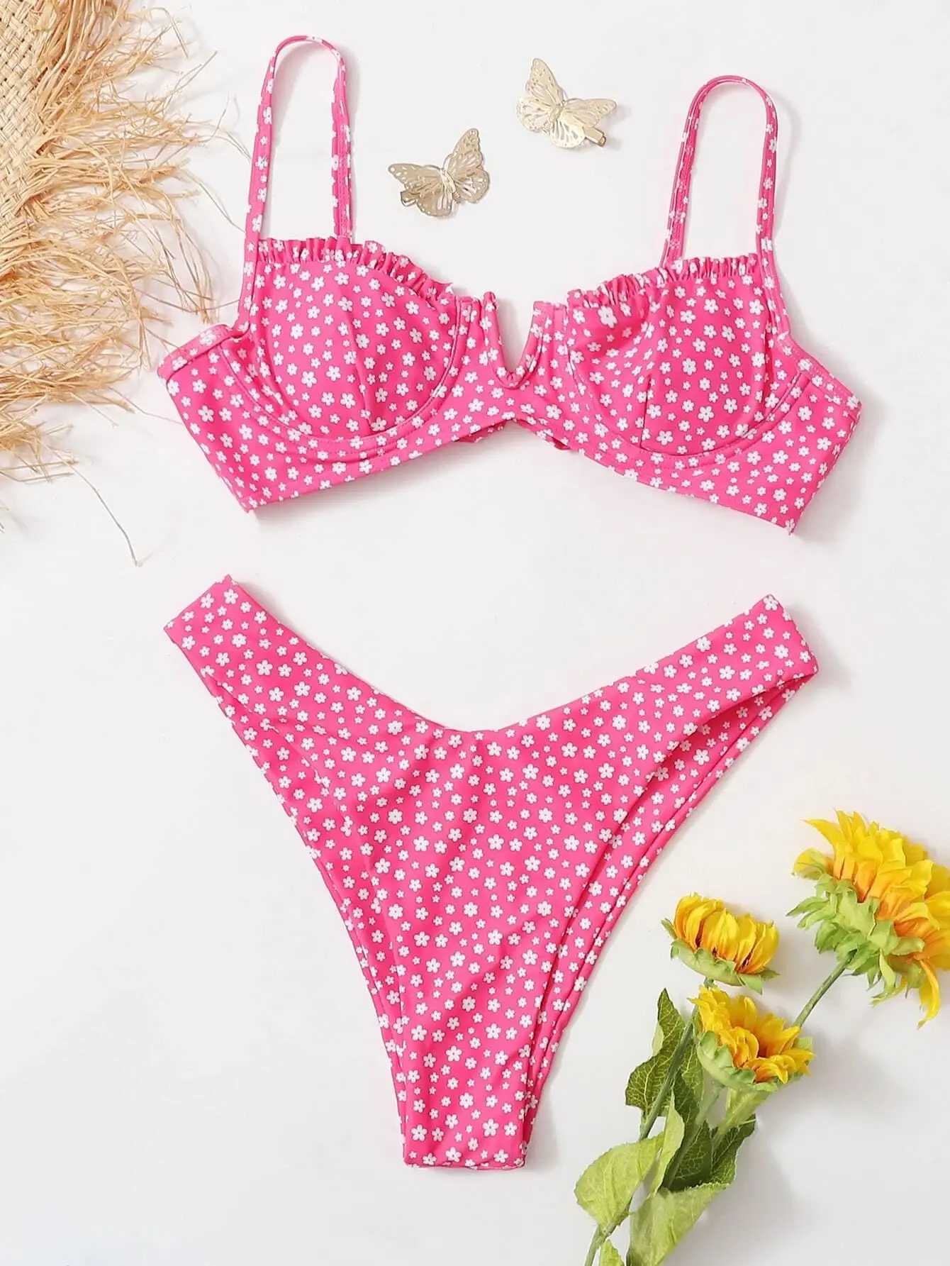 Female Swimsuit Printed Push Up Bandage Swimsuit Bikini Sets Two Piece Split Biquini 2022 Bather Button Beachwear Bathing Suit triangle bikini set Bikini Sets