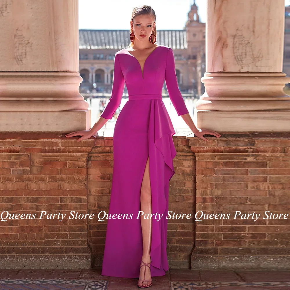 

Fuchsia Mother of The Bride Dress Groom's Mom Evening Party Dresses V Neck 3/4 Sleeves High Slit Mermaid Wedding Guest Gown