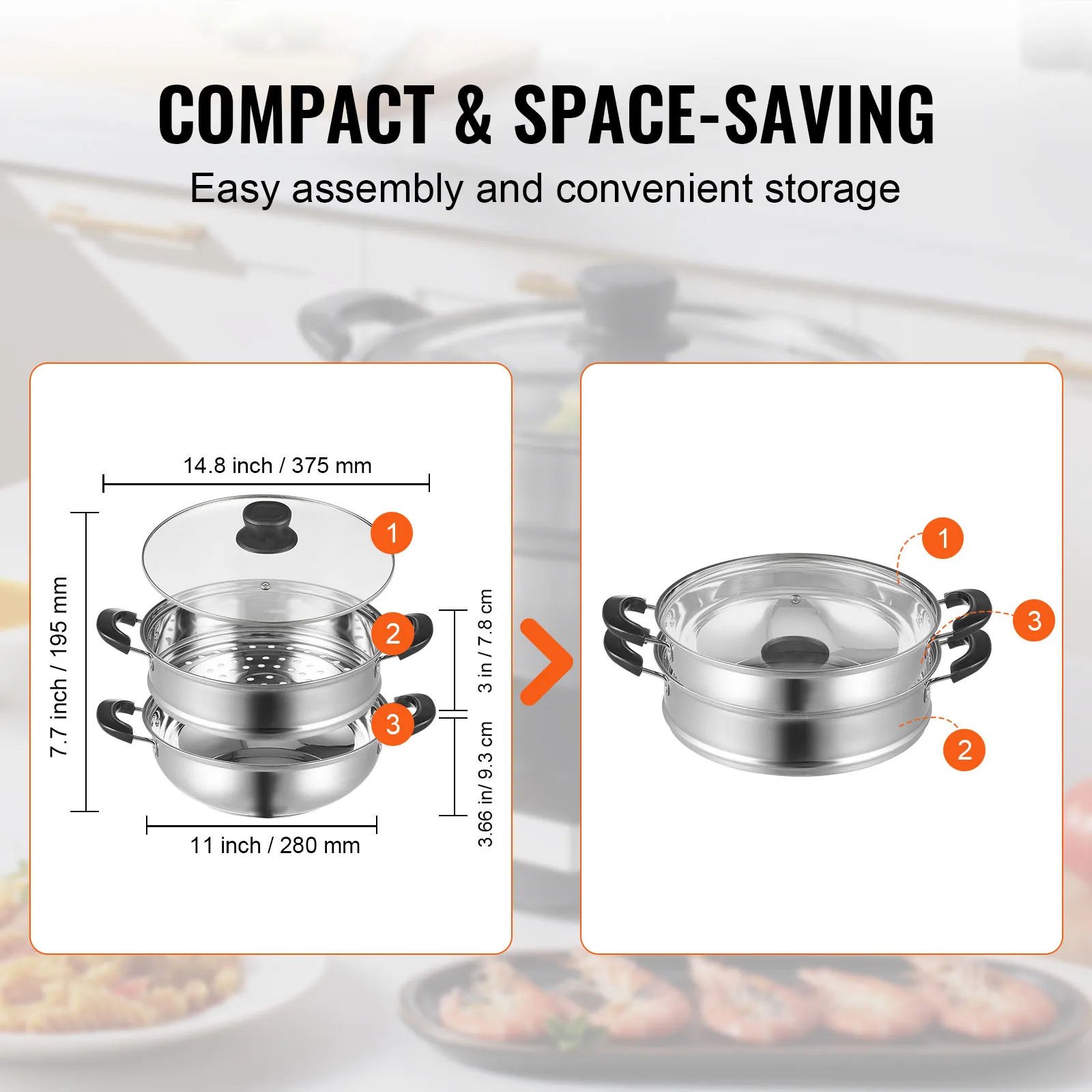 VEVOR Steamer Pot for Cooking Food-Grade 304 Stainless Steel Food Steamer Cookware w/ Lid for Gas Electric Induction Grill Stove