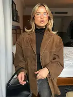 Autumn Brown Suede Jacket With Lapel Woman Casual Single Breasted Pocket Long Sleeve Short Coat 2024 Lady High Street Outwear 1