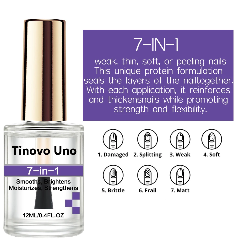 Tinovo Uno 7 IN 1 Nail Hardener Clear Normal Nail Strengthener for Damaged Thin Nails 12ML Fast Dr Super Shine Lacquer Finish