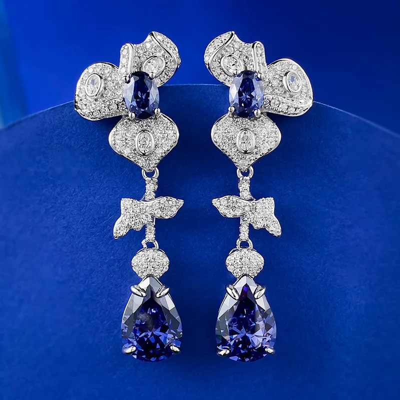 

S925 Silver New 9 * 13 Pear shaped Tanzanian Blue Grand Full Diamond Earrings Light Luxury Premium Earrings