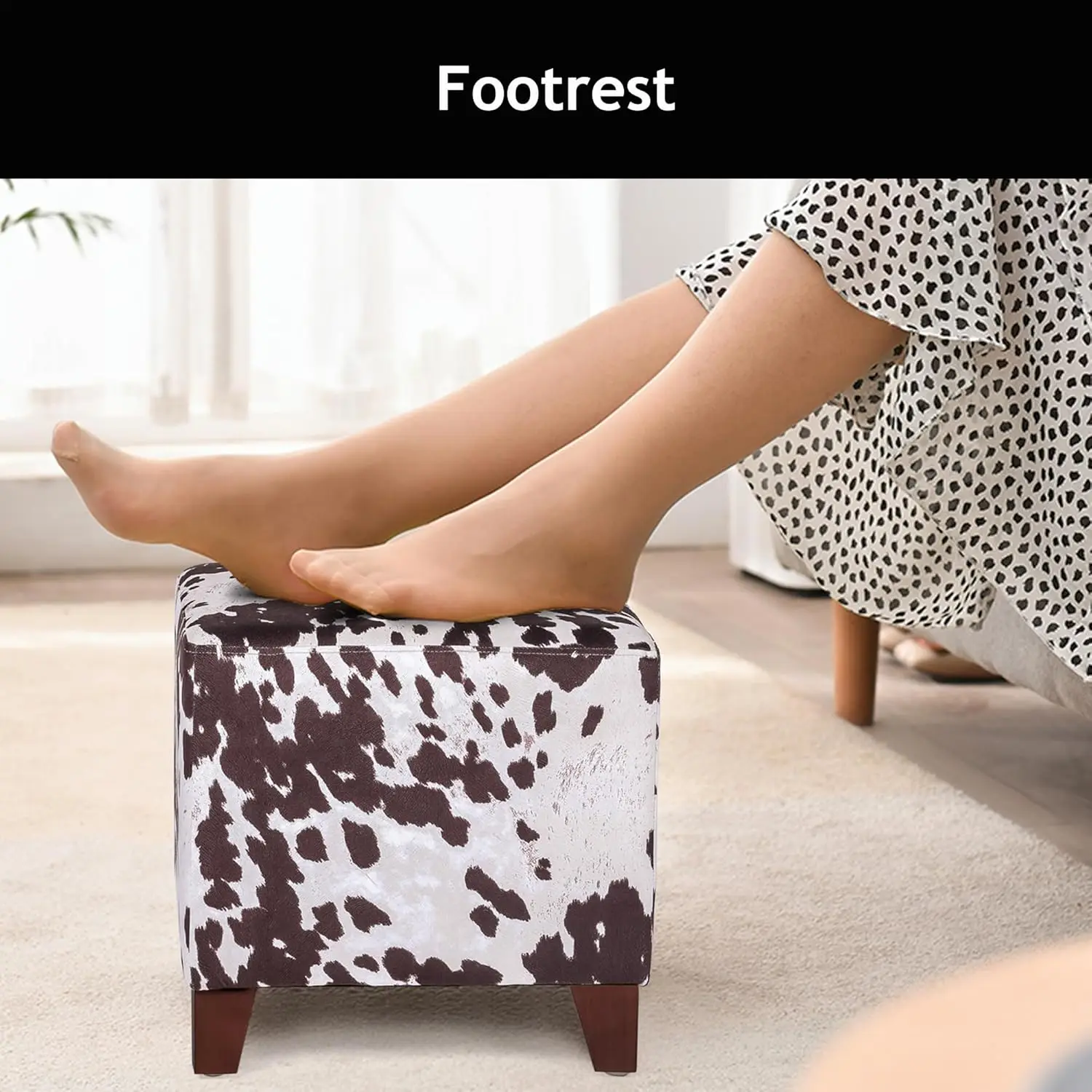Small Foot Stool Ottoman, 16.3" Linen Cube Ottoman Foot Rest with Wood Legs, Upholstered Ottomans Footstool