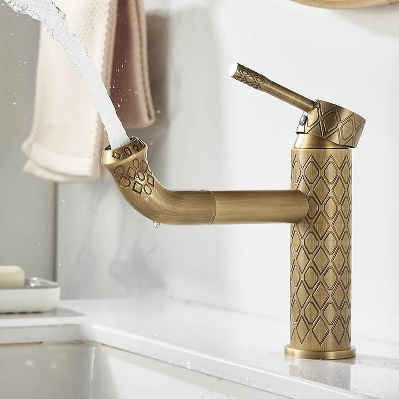 Antique Carved Bathroom Faucet Brass Basin Faucets Hot & Cold Bathroom Sink Faucet Deck Mounted Lavotory Faucet Mixer Water Tap