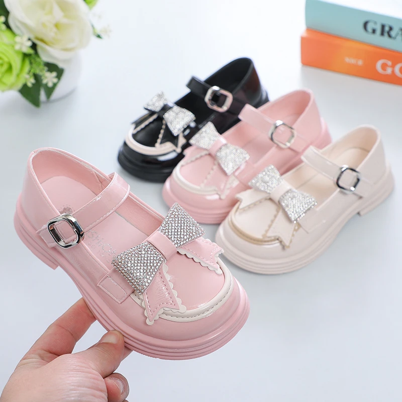 

Girls Leather Shoes for Party Wedding Kids Princess Rhinestones Shoes with Bow-knot Fashion Children Mary Janes Shoes 2024 New