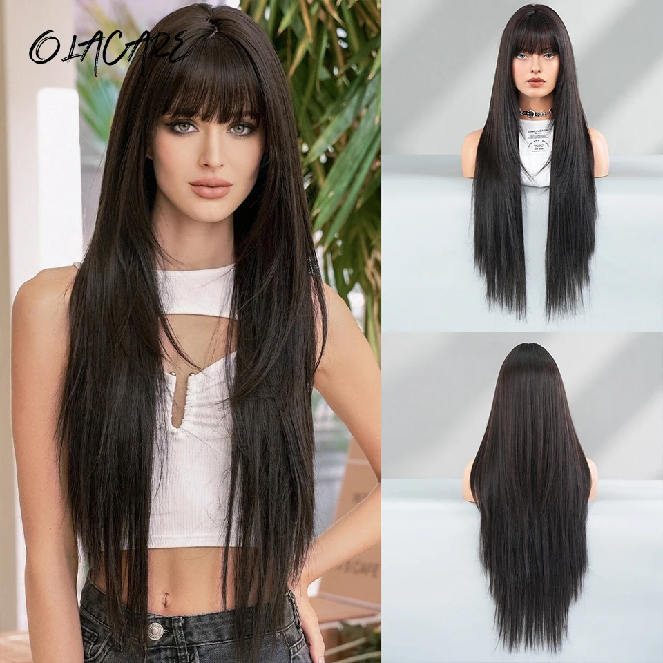Black Synthetic Long Straight Wig with Bangs for Women