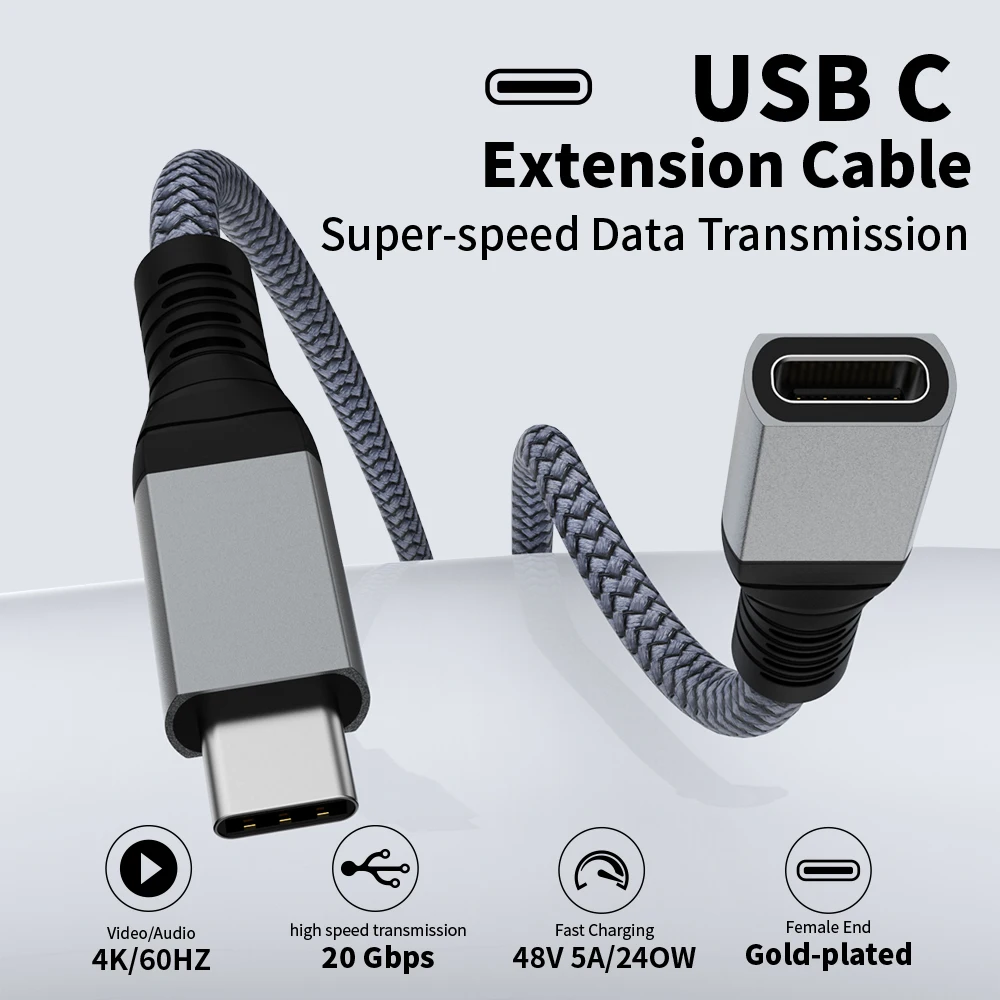 USB C 연장 케이블 오디오/비디오 4K@60HZ 타입-C 남성-여성 USB 3.2 연장 케이블 맥북 프로 에어용 20Gbps USB 데이터 케이블