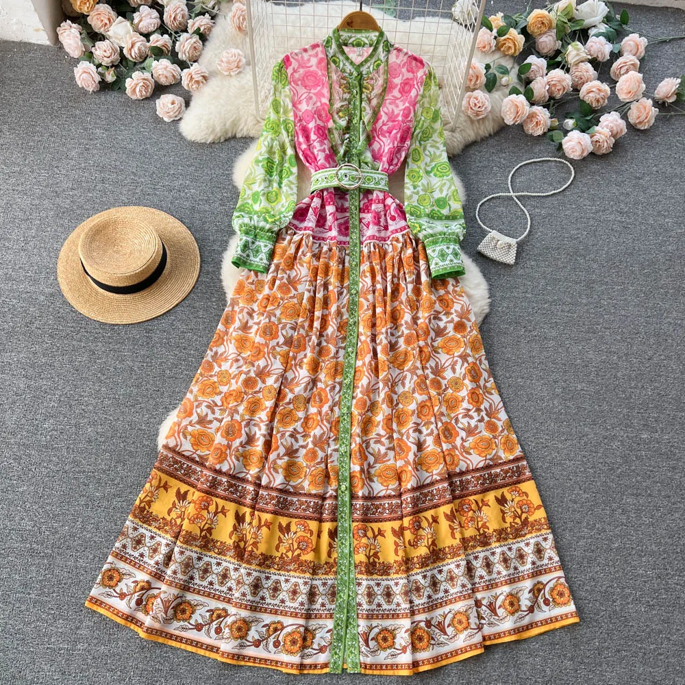 

Spring Autumn Bohemian Women's Vintage Print Ethnic A-line Maxi Dress Long Sleeve Vestidos De Mujer Elegantes Para Fiesta J066