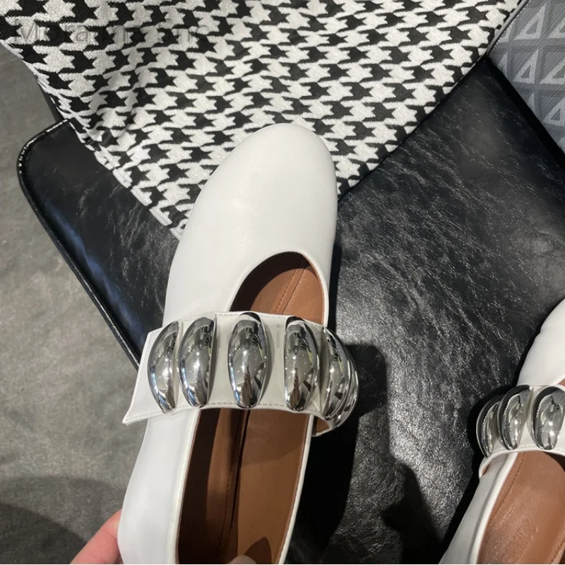 Metal Decor Flats Ballet Shoes for Women Round Toe Loafers Leather Single Shoes Daily Outdoor Roman Rhinestone Casual Shoes