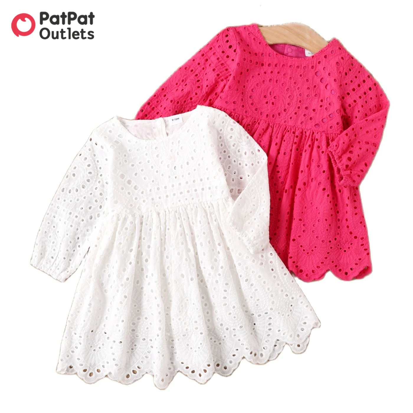 

PatPat 100% Cotton Summer Lovely Baby Girl Designer Clothes Long-sleeve Hollow Floral Embroidered Out Dress Cute Toddler Outfits