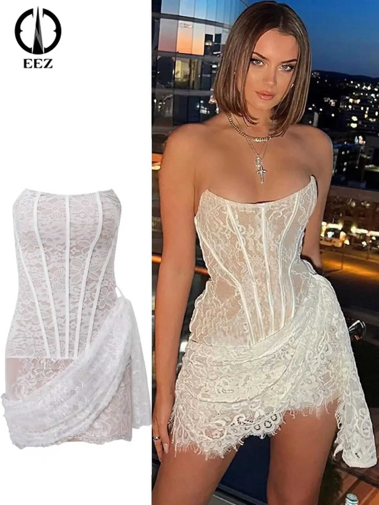 

White Lace Strapless Ruched Mini Dress for Women Sexy Slim Fishbone Backless Bandage Irregular Clubwear Coquette Bustier Dresses