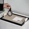 Black/Beige Woven Leather Storage Tray Rectangle with Handle Jewelry Display Plate Handmade Cake Fruit Dessert Tray for Home 3