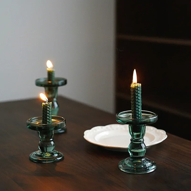 

Candle Holders Dark Green Glass Candlestick Vintage European Dining Table Candlestick Home Decor Wedding Decoration L