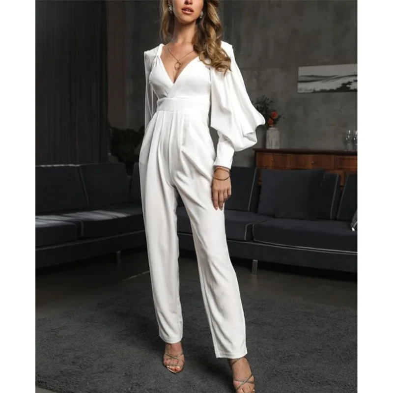 

Women's Jumpsuit Deep V Neck White Solid Color Puff Long Sleeves High Waist Sexy Straight Pants Party Wedding Slim Pantsuit