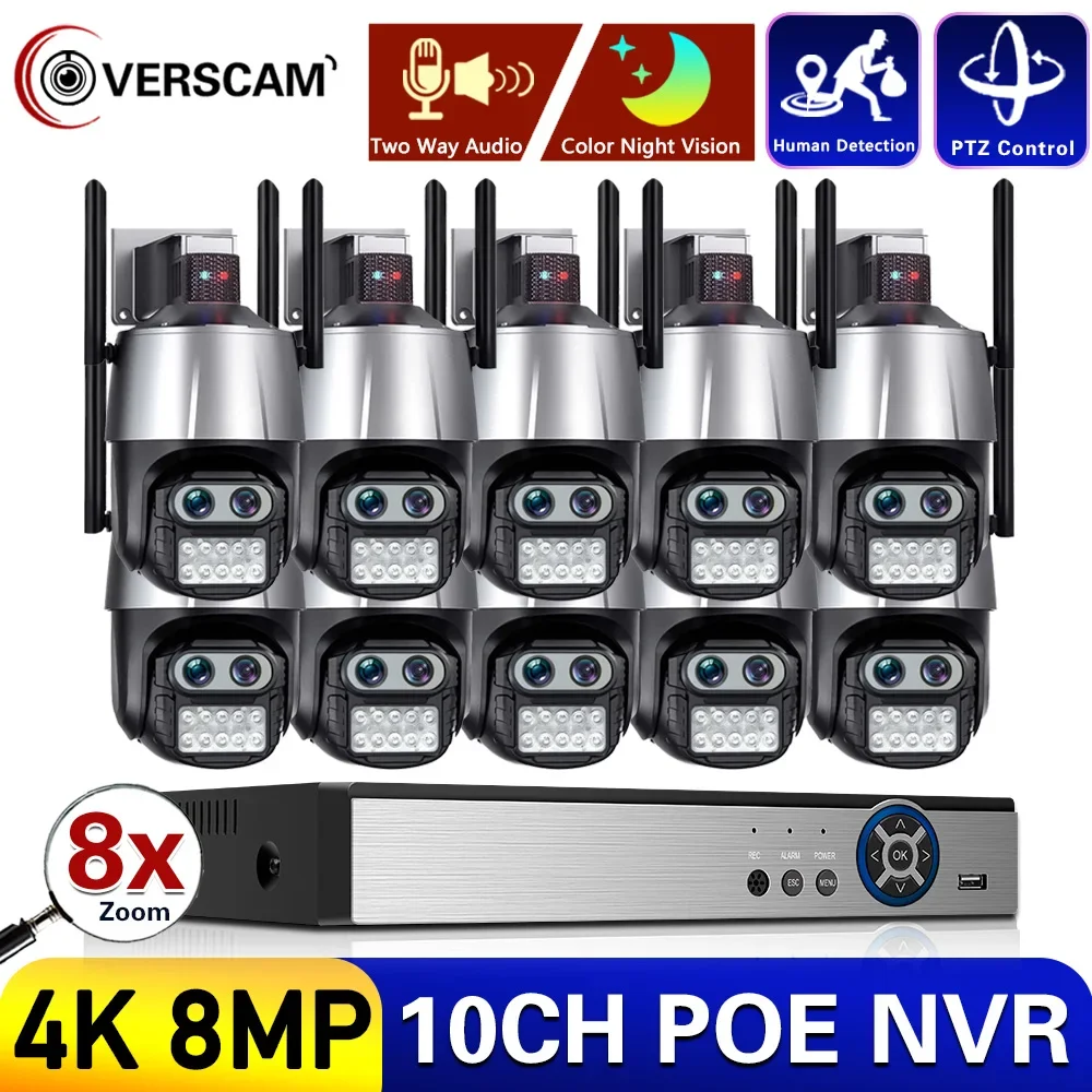 

4K 10CH NVR 8MP Wifi PTZ Camera Dual Lens 8X Zoom Outdoor Waterproof Color Night Vision Two Way Audio Auto Tracking Camera Kit