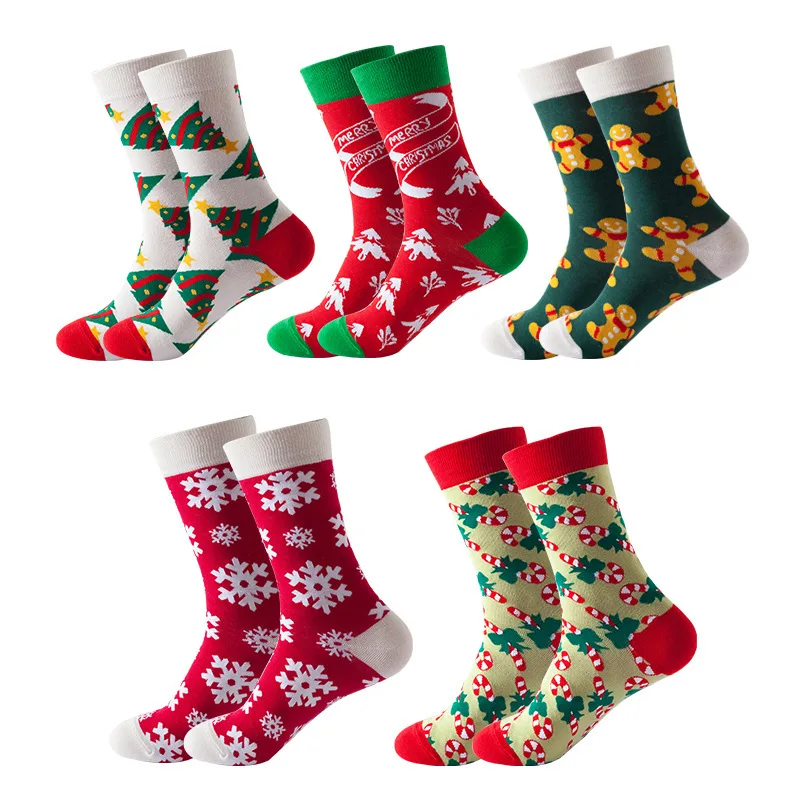 

Cotton Christmas Socks 5 Pairs Men's Funny Gingerbread snowman Christmas Tree Winter Socks Women Funny New Year Christmas Gift