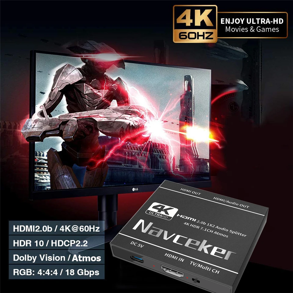 4K HDMI Splitter 1x2 HDMI 2.0 Splitter 1 in 2 out HDMI Audio Extractor HDR HDMI2