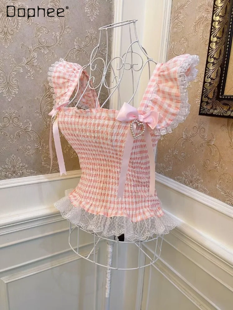 

Lolita Jk Girl's Heart Pink plaid Bow Love Lace Edge Vest Top 2023 Summer New Cute Woman Flying Sleeve Slimming Short Sling Tops