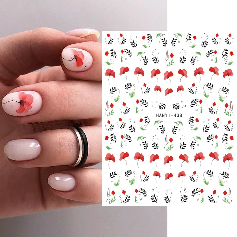 

Nail Decals Red Petals Florals Black Leafs Watercolor Flowers Back Glue Nail Stickers For Nail Tips Beauty