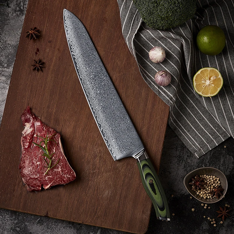 Sashimi Knife Double-edged Blade Damascus VG10 Steel Sharp Cleaver Meat Slicing Sushi Gyutou Japanese Kitchen Knife G10 Handle