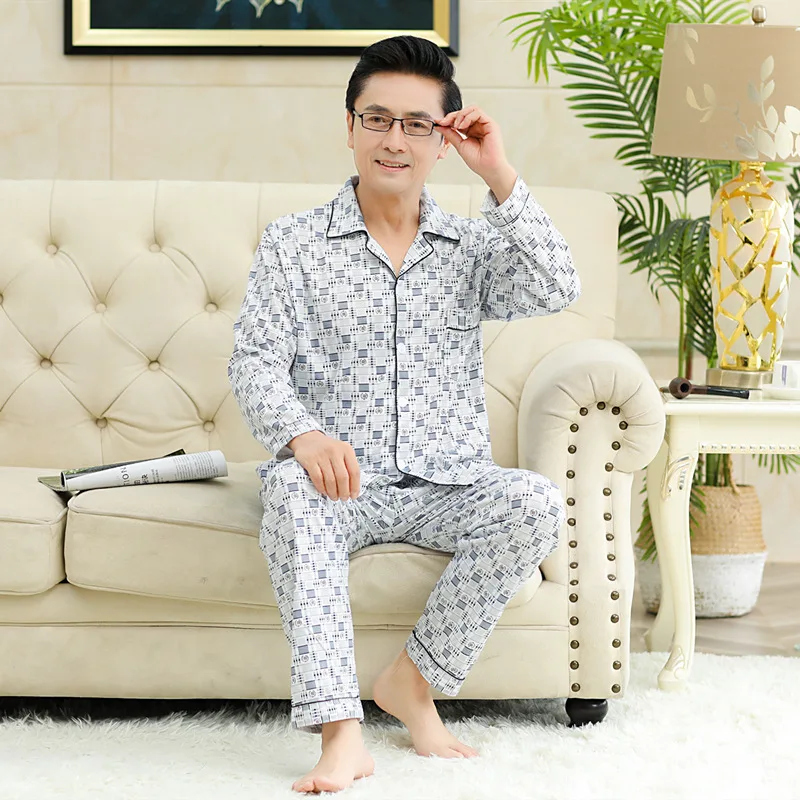 Autumn Winter Men's Knitted Cotton Pajamas Lapel Long Sleeve Cardigan Large Size Loose Printed Home Clothing Set