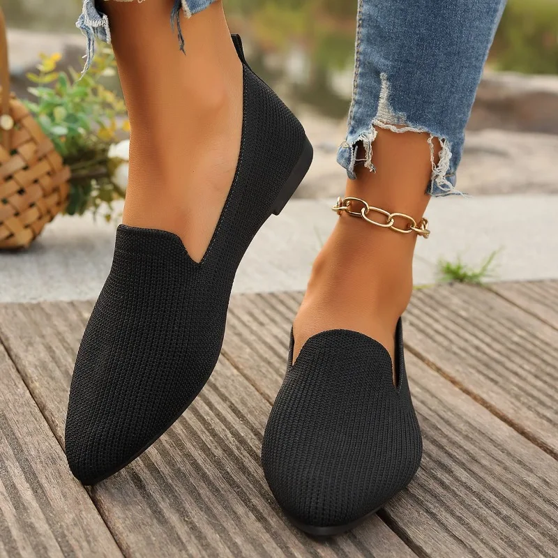 Women's Pointed Toe Flat Shoes Solid Color Knitted Slip on Shoes Casual Breathable Ballet Flats Women Flat Shoes  Loafers Women 3