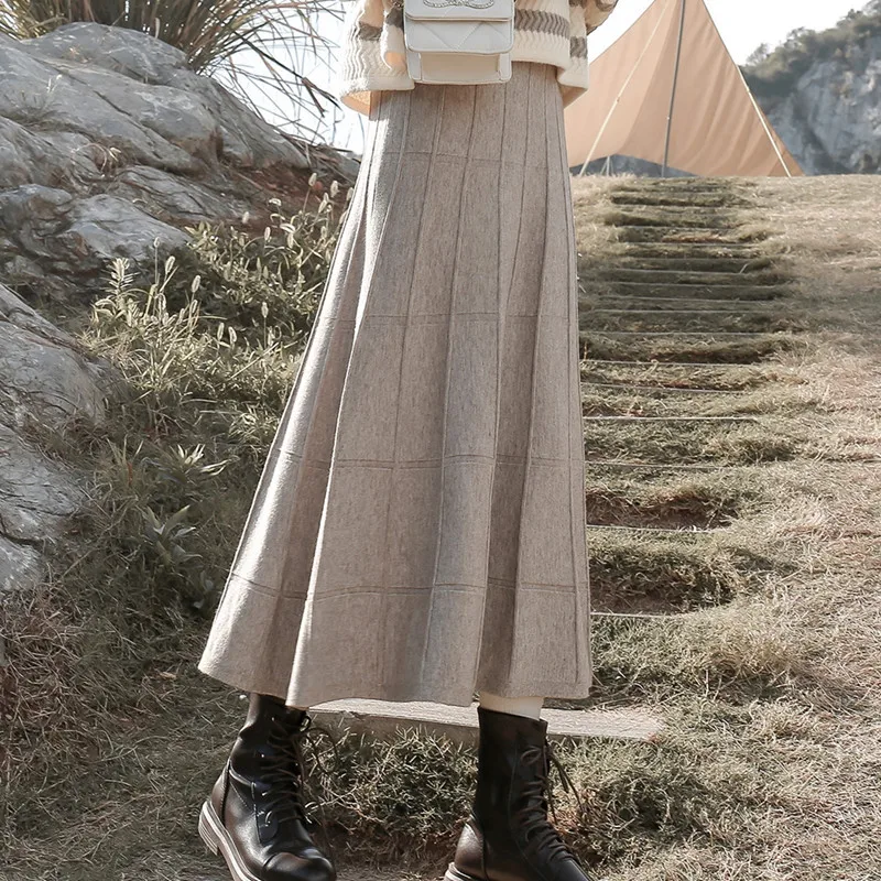 

Patchwork Knitting Skirt Female 2023 Autumn Winter High Waist A- Line Big Hem Mid-Length Pleated Umbrella Skirt Woman