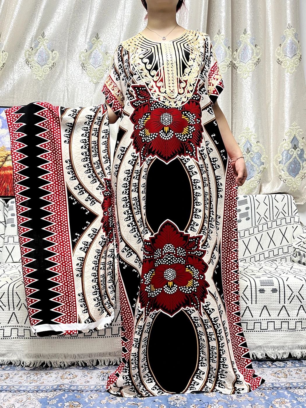 Muslim New Abayas For Women 2023 Traditional Appliques Printed Cotton Short Sleeves Islam Loose Fit Femme Robe With Belt Turban