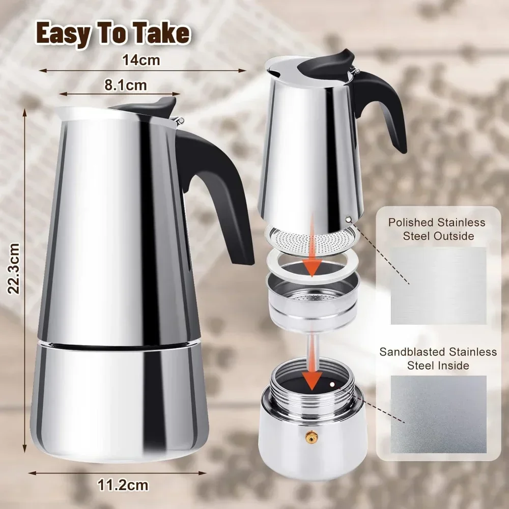 Coffee maker Moka Pot 2/4/6 Cups Stainless Steel Fit Induction Cookers
