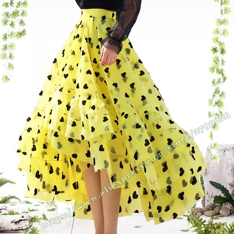 

Yellow Organza Rluffy Skirt with Love Flocking Polka Dot Heart Asymmetrical skirt Women , Plus Size Chic and Elegant Woman Skirt